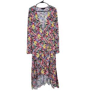ELOQUII Women’s Plus Size 18 Floral Midi Dress Long Sleeve V-Neck Ruffle Hem